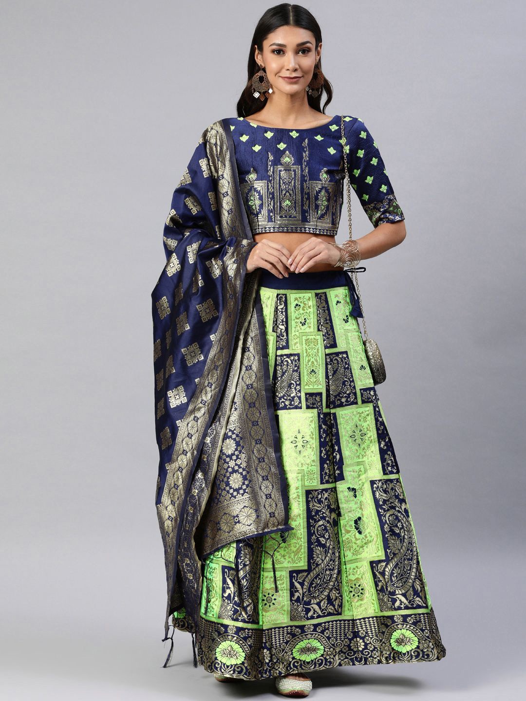 

KAZIA Printed Jacquard Semi-Stitched Lehenga & Unstitched Blouse With Dupatta, Green