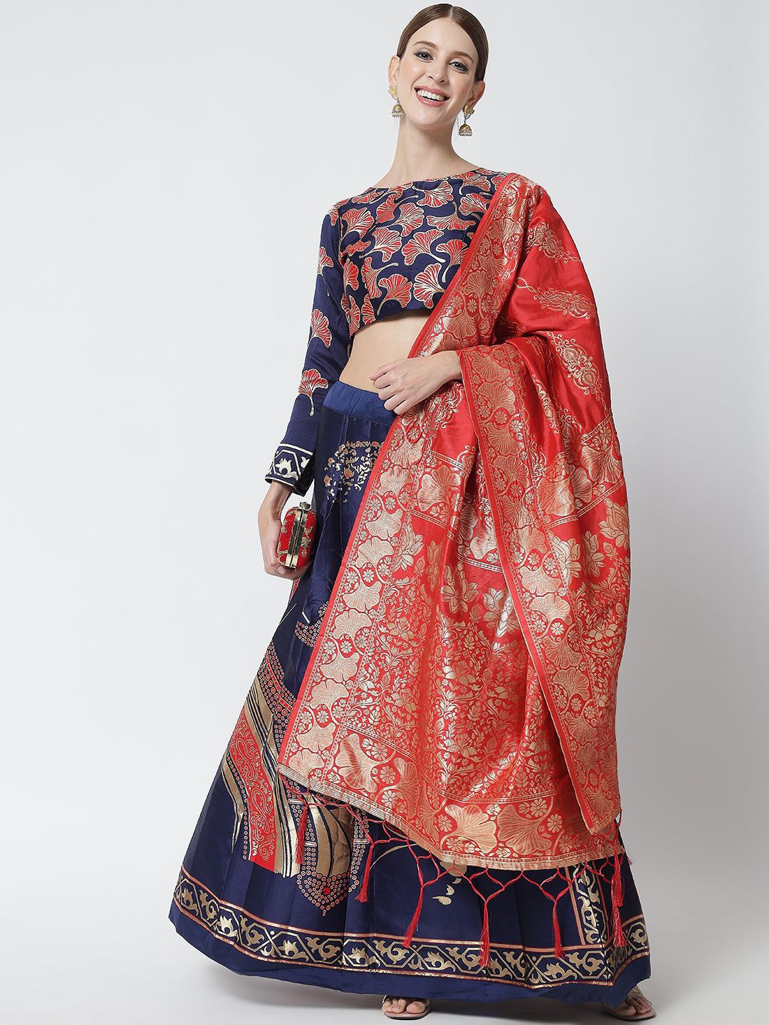 

KAZIA Woven Design Semi Stitched Lehenga & Unstitched Blouse With Dupatta, Navy blue