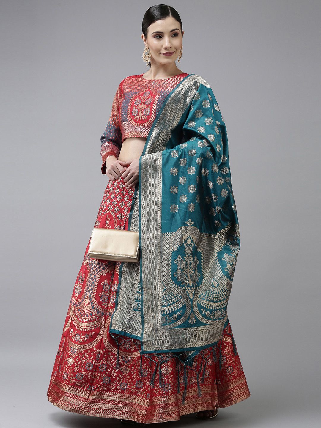 

KAZIA Woven Design Semi-Stitched Lehenga & Unstitched Blouse With Dupatta, Red