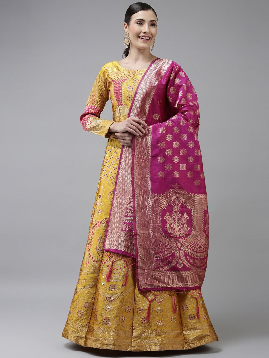 

KAZIA Woven Design Semi Stitched Lehenga & Unstitched Blouse With Dupatta, Mustard