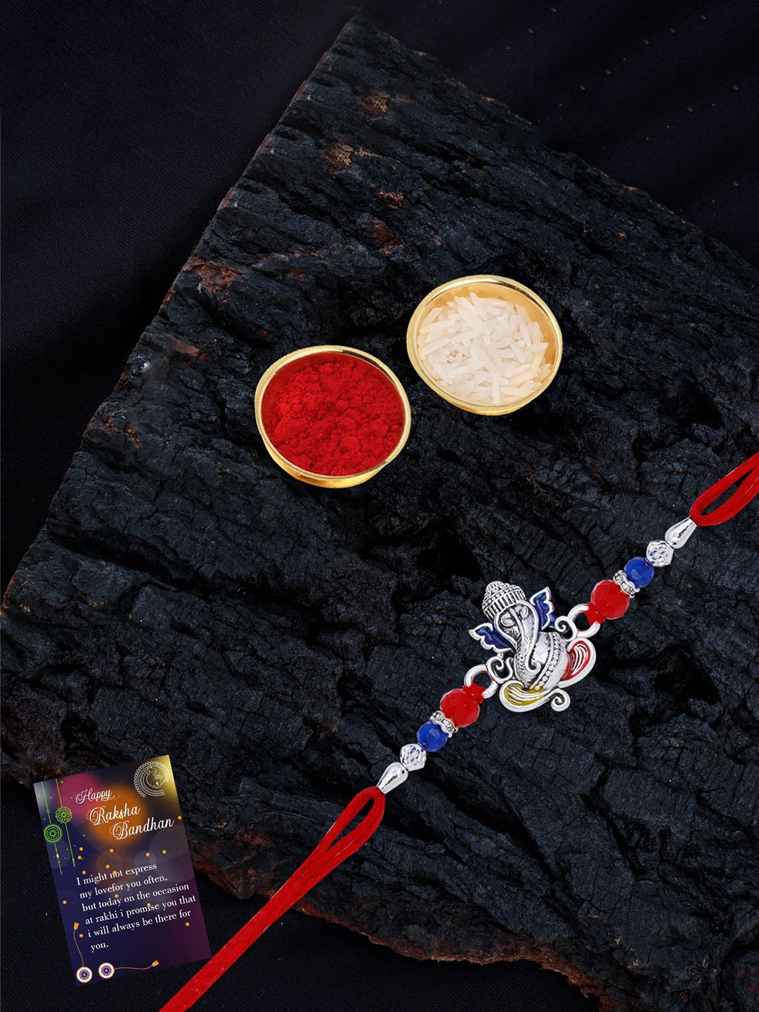 

Silver Shine Set Of 3 Beaded Rakhis With Pooja Thali & Roli Chawal with Greeting Card, Red