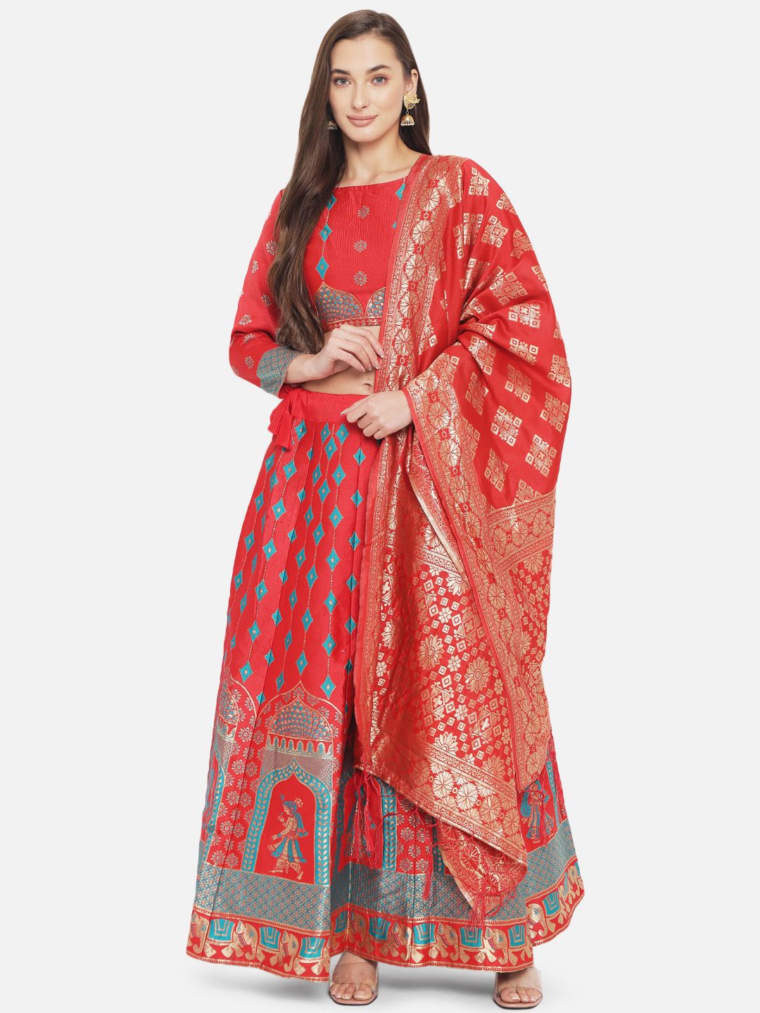 

KAZIA Foil Printed Jacquard Semi-Stitched Lehenga & Unstitched Blouse With Dupatta, Red