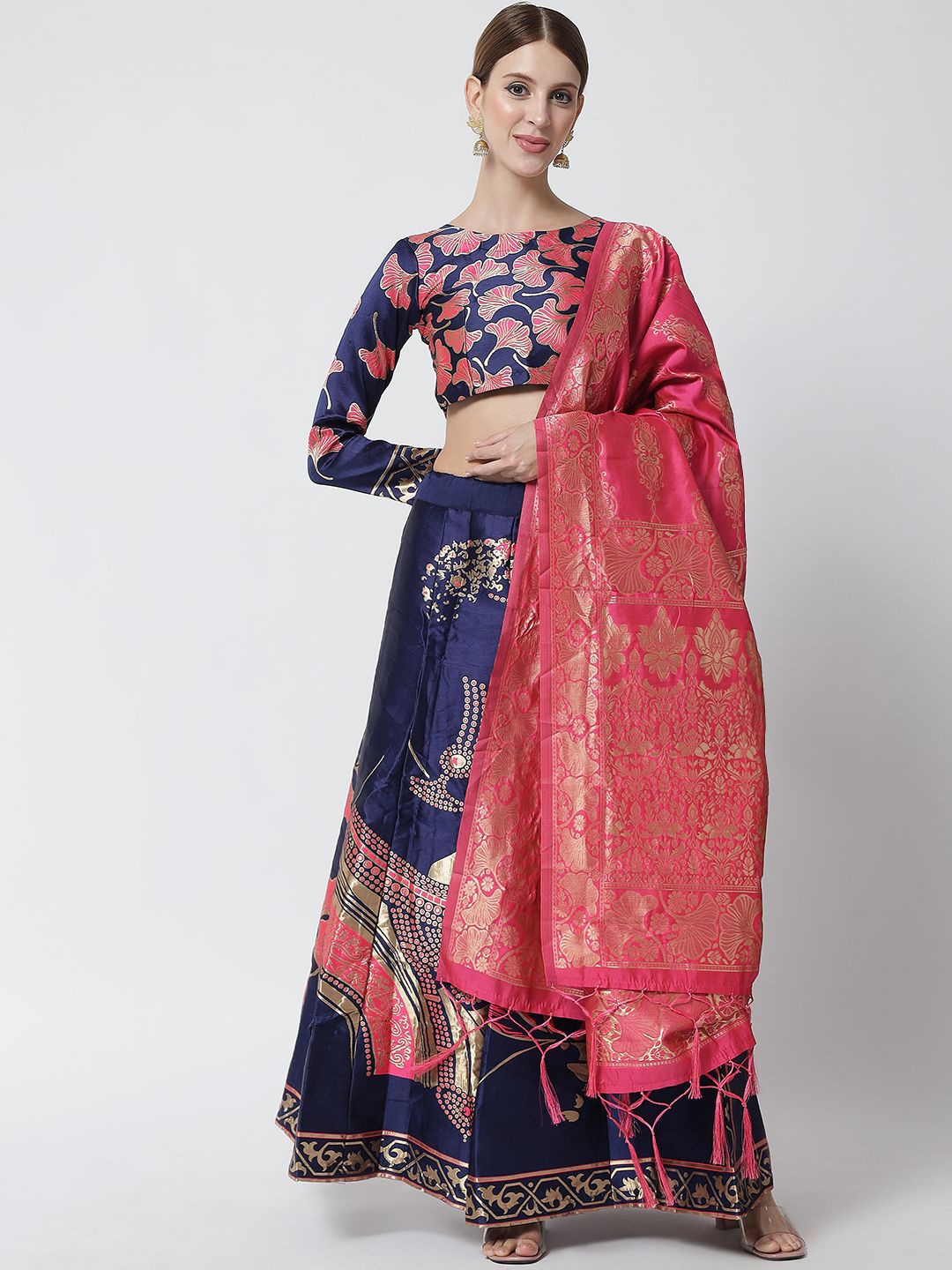 

KAZIA Foil Printed Jacquard Semi-Stitched Lehenga & Unstitched Blouse With Dupatta, Blue