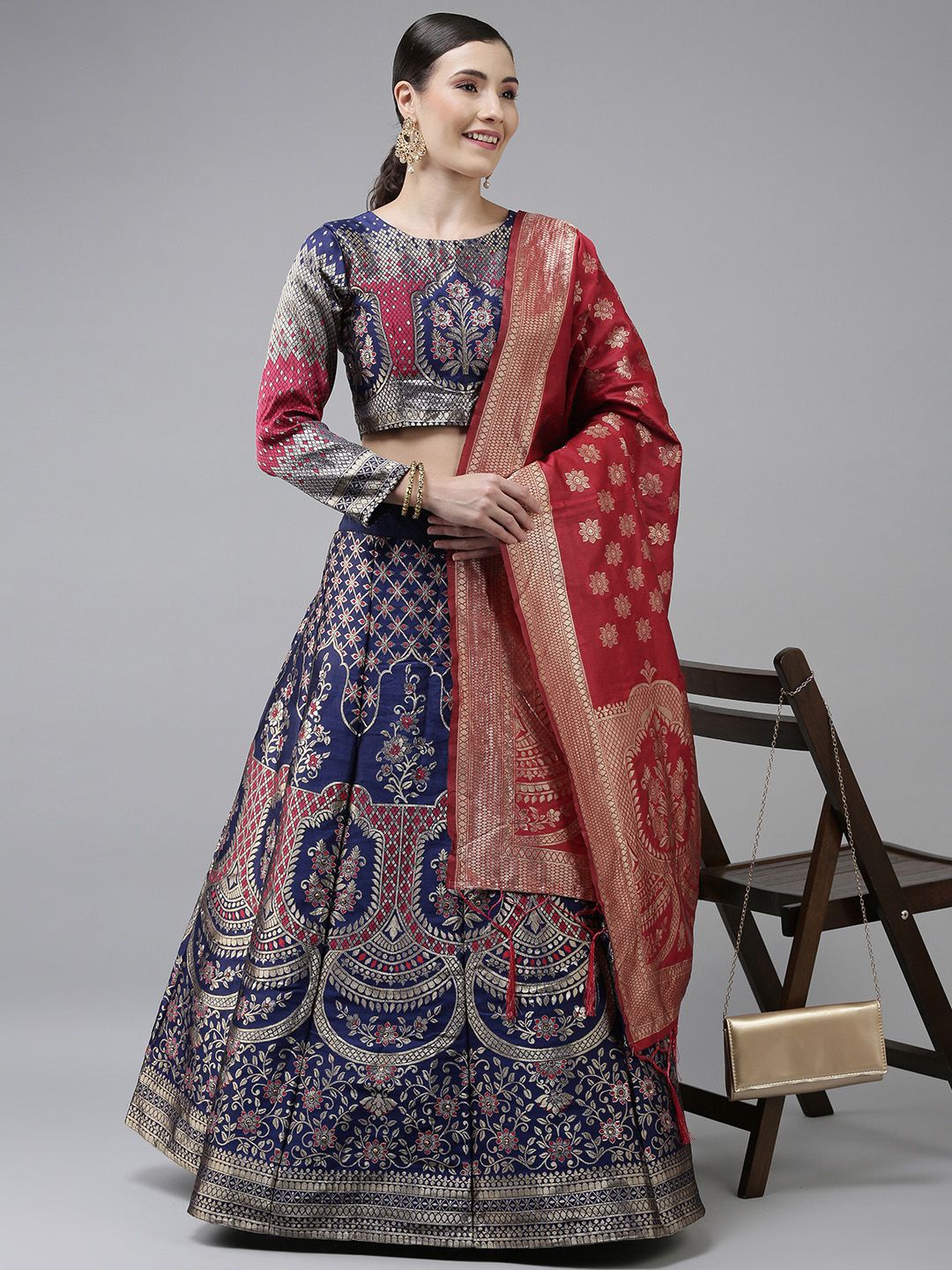 

KAZIA Woven Design Semi Stitched Lehenga & Unstitched Blouse With Dupatta, Navy blue