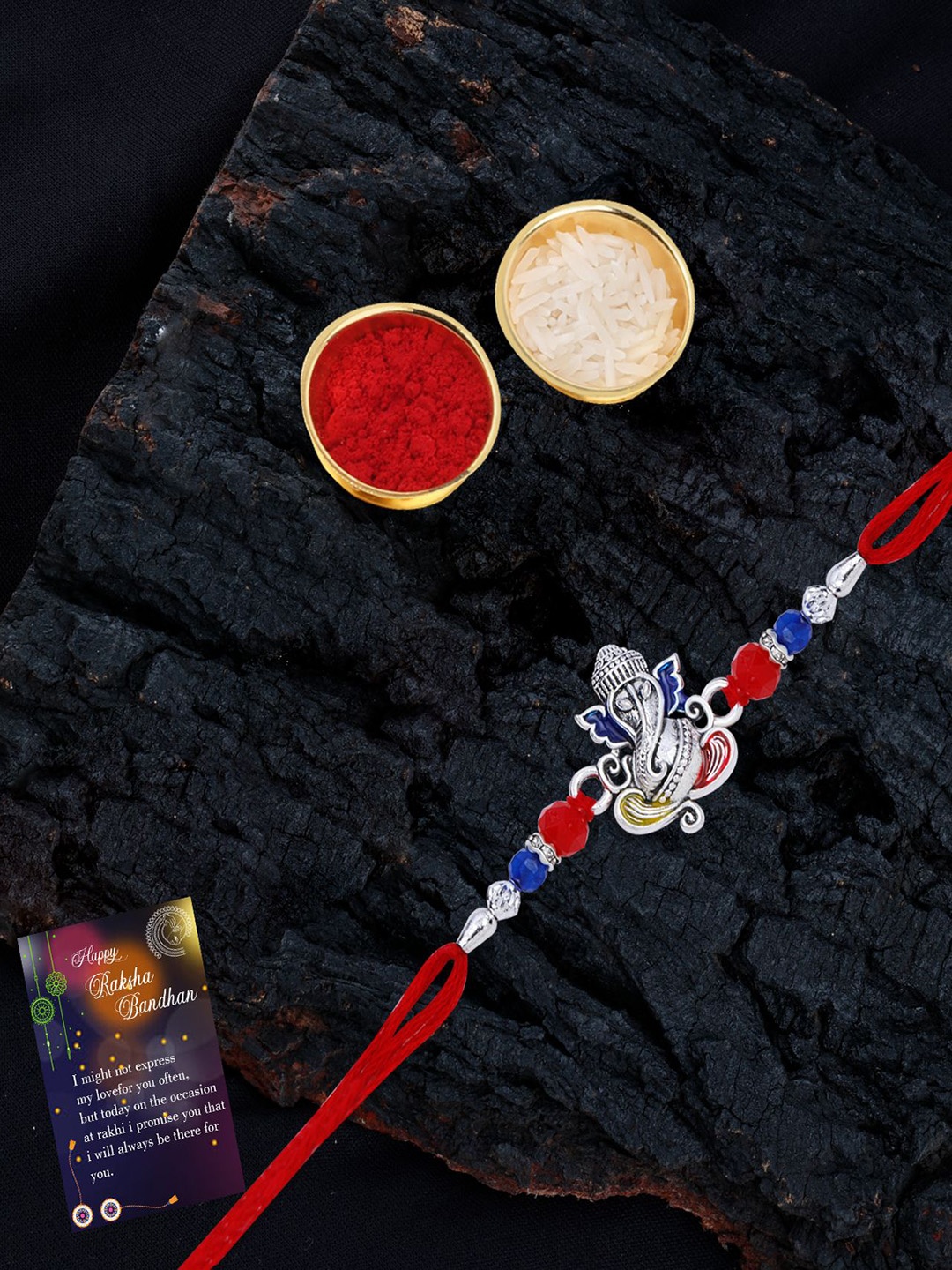 

Silver Shine Bhaiya Bhabhi Rakhi With Pooja Thali & Roli Chawal