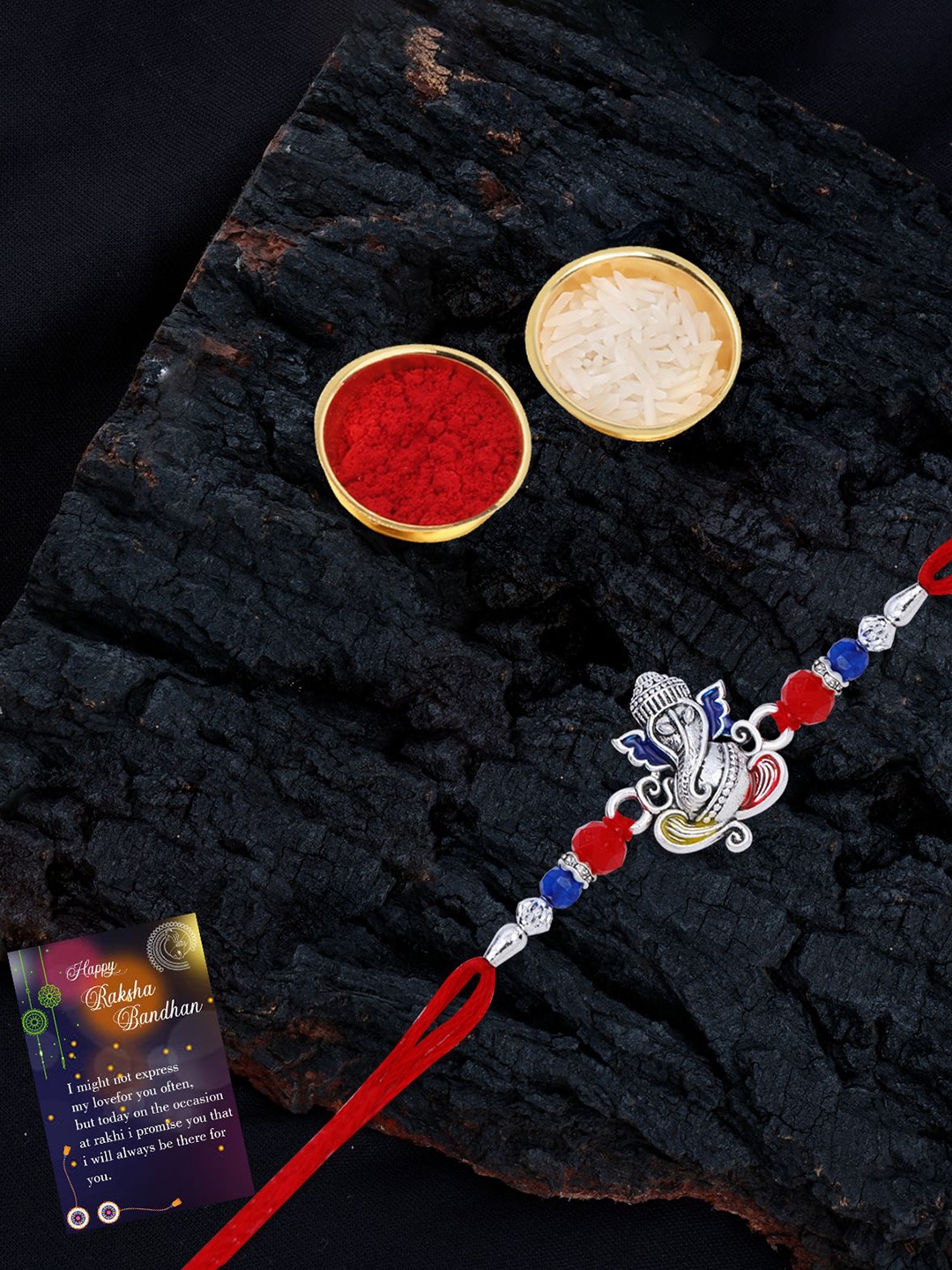 

Silver Shine Bhaiya Bhabhi Rakhi With Pooja Thali & Roli Chawal, Blue