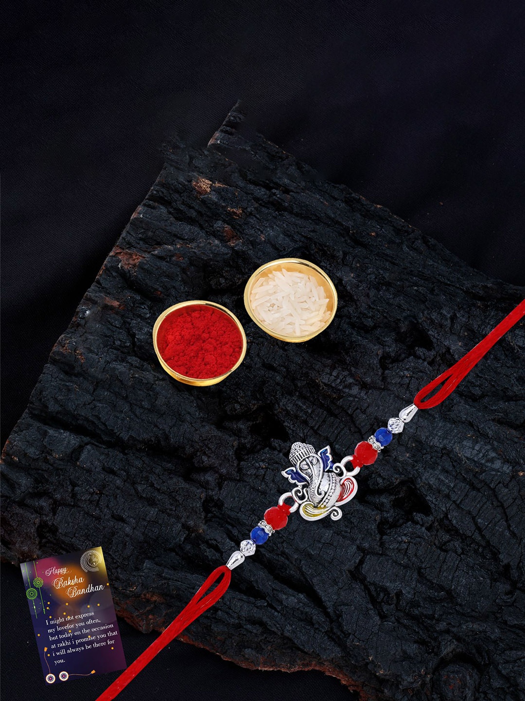 

Silver Shine Bhaiya Bhabhi Rakhi With Pooja Thali & Roli Chawal, Red