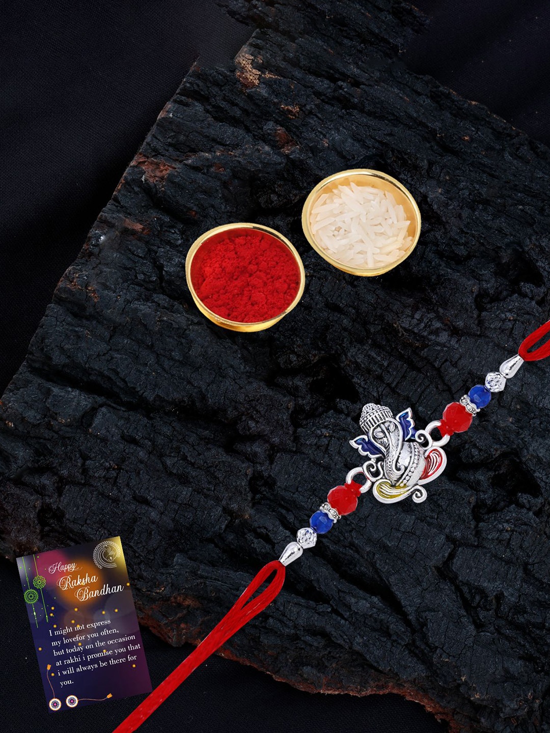 

Silver Shine Bhaiya Bhabhi Rakhi With Pooja Thali & Roli Chawal, Gold