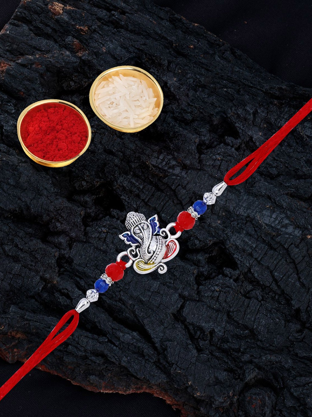 

Silver Shine Bhaiya Bhabhi Rakhi With Pooja Thali & Roli Chawal, Blue