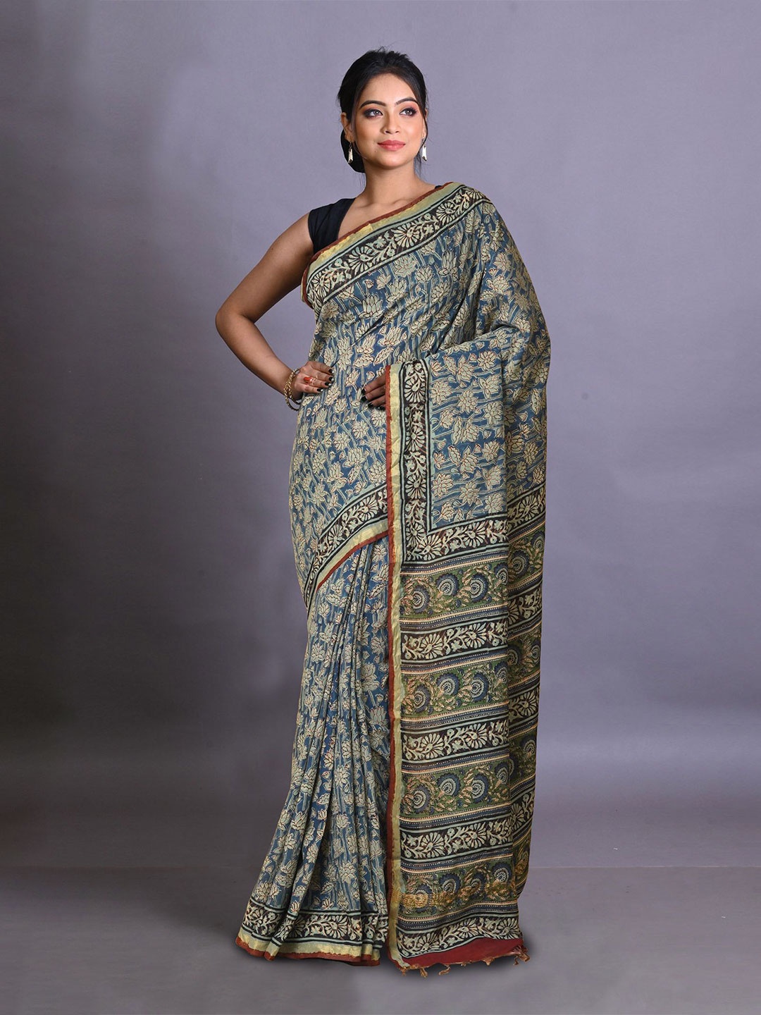 

Unnati Silks Ethnic Motif Zari Woven Bagru Saree, Blue