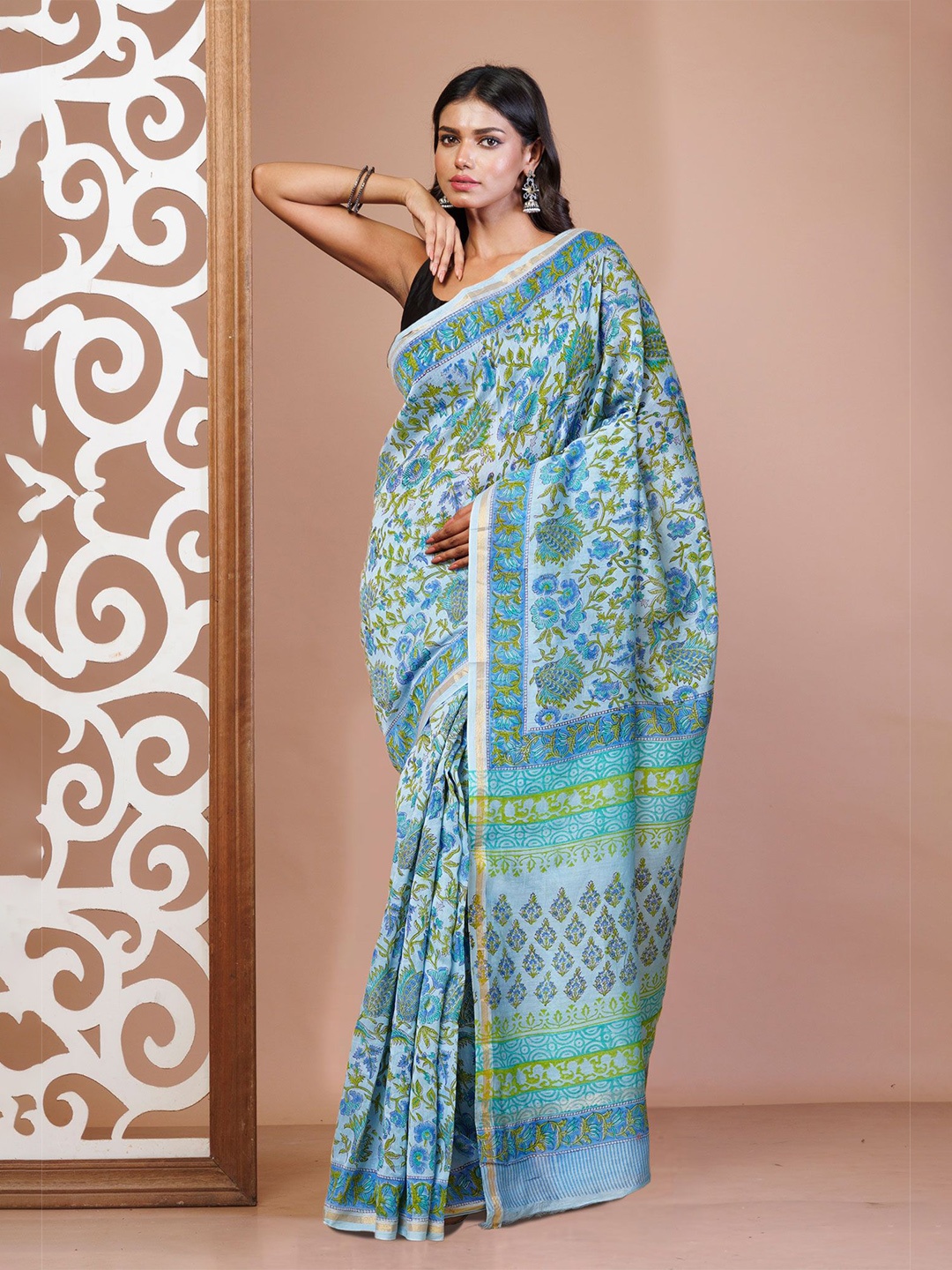 

Unnati Silks Ethnic Motifs Zari Woven Handloom Chanderi Saree, Blue