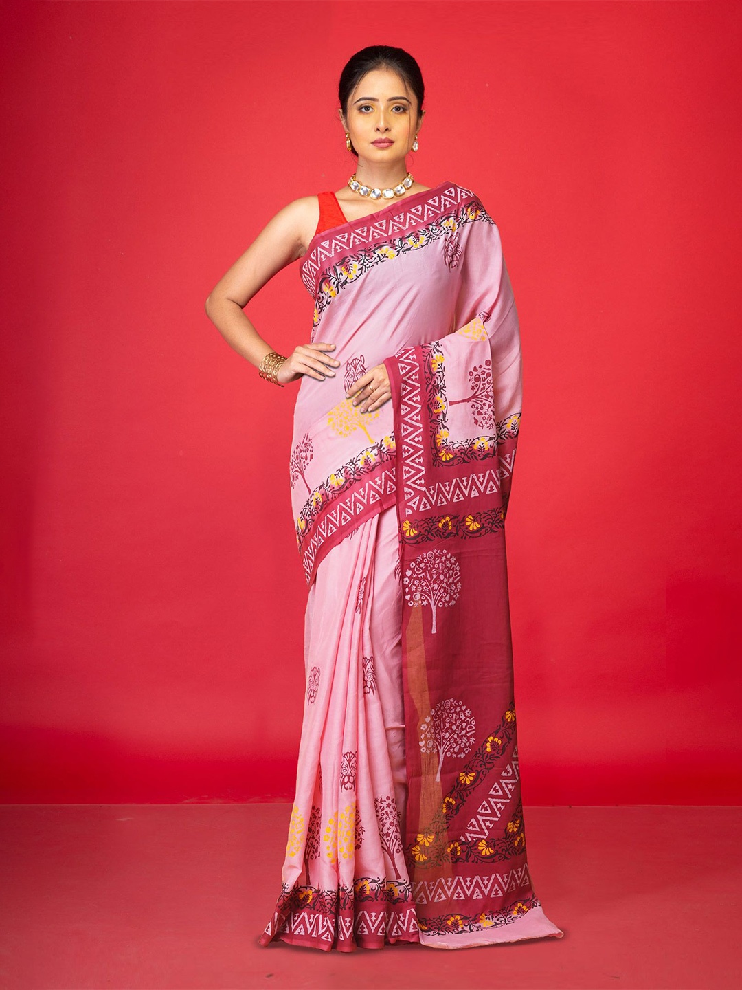 

Unnati Silks Ethnic Motifs Pure Cotton Handloom Block Print Saree, Pink