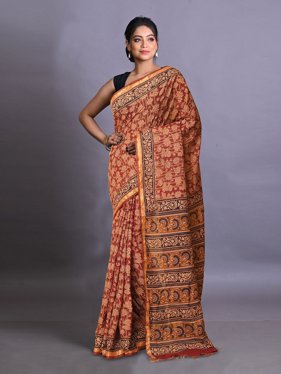 

Unnati Silks Ethnic Motifs Zari Woven Handloom Bagru Saree, Rust