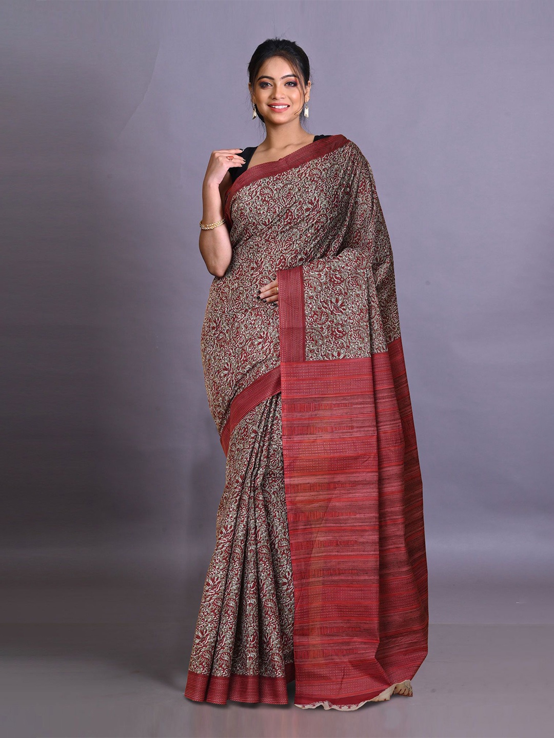 

Unnati Silks Paisley Pure Cotton Handloom Block Print Saree, Brown