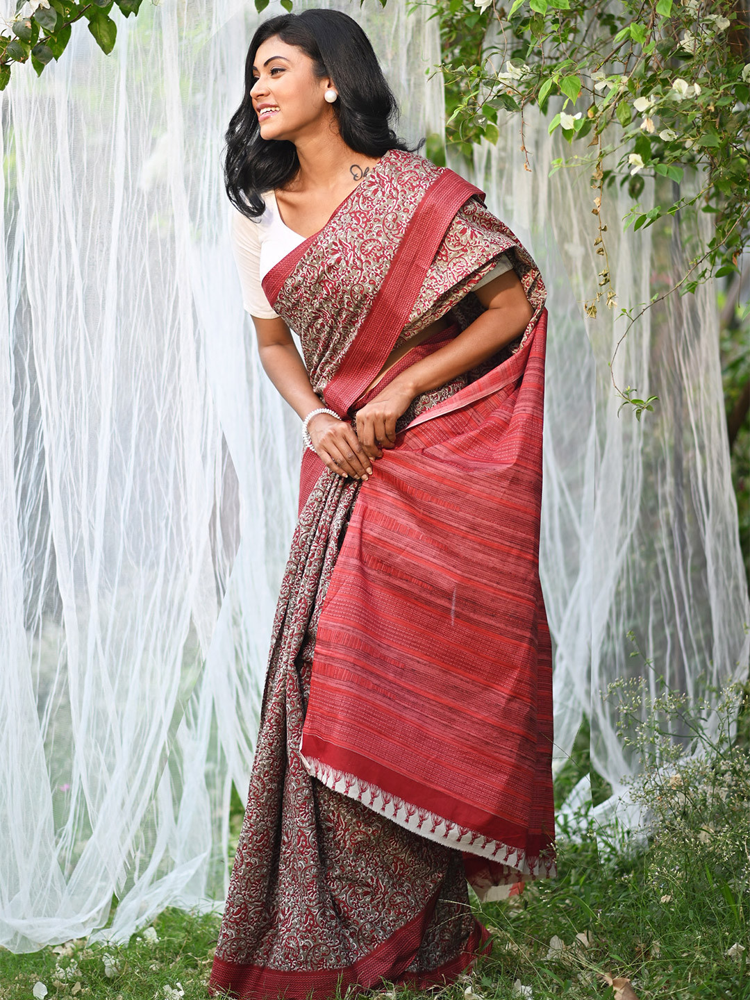 

Unnati Silks Paisley Pure Cotton Handloom Block Print Saree, Brown