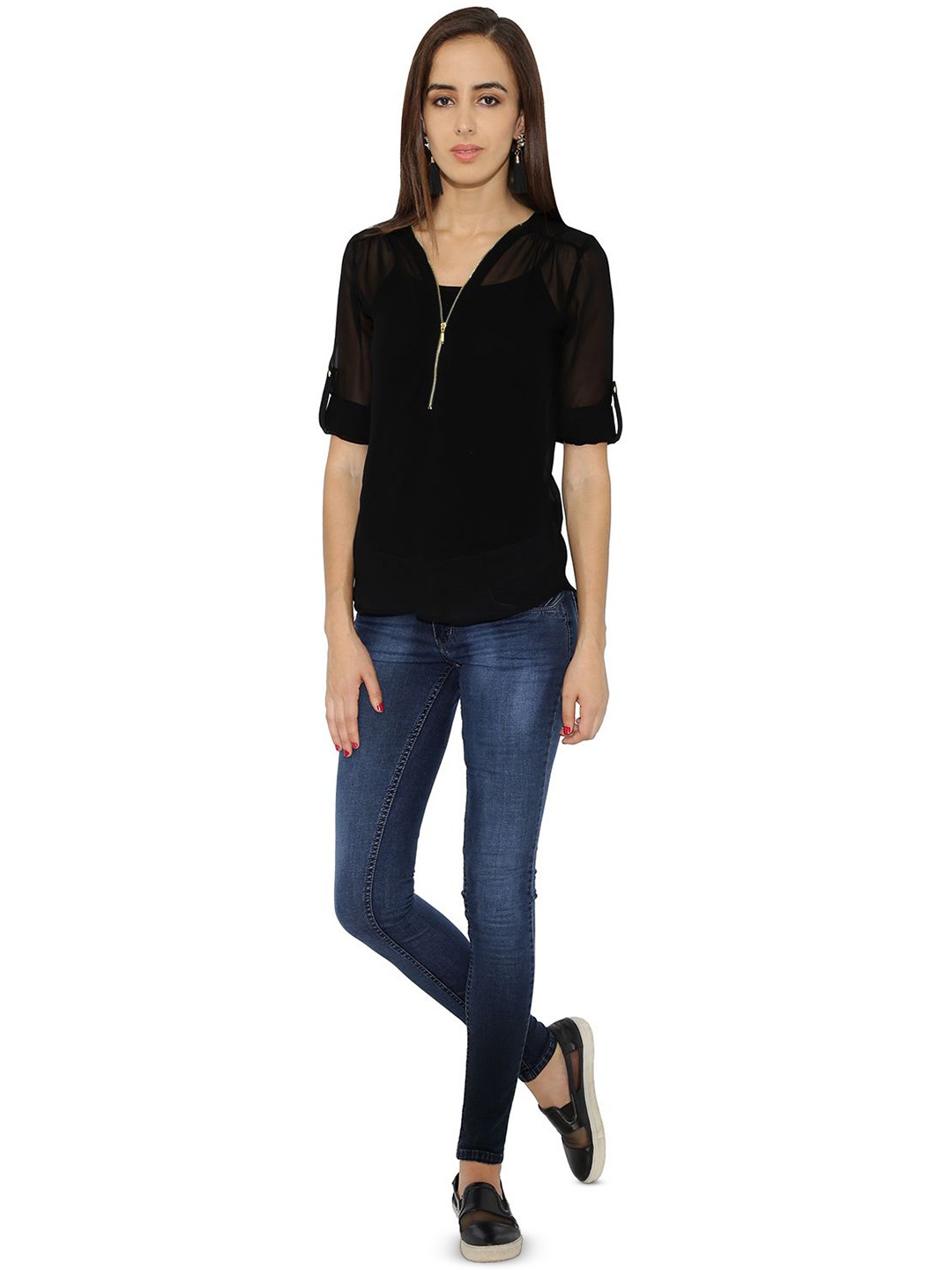

Ashtag Women V-Neck Short Sleeves Woven Top, Black