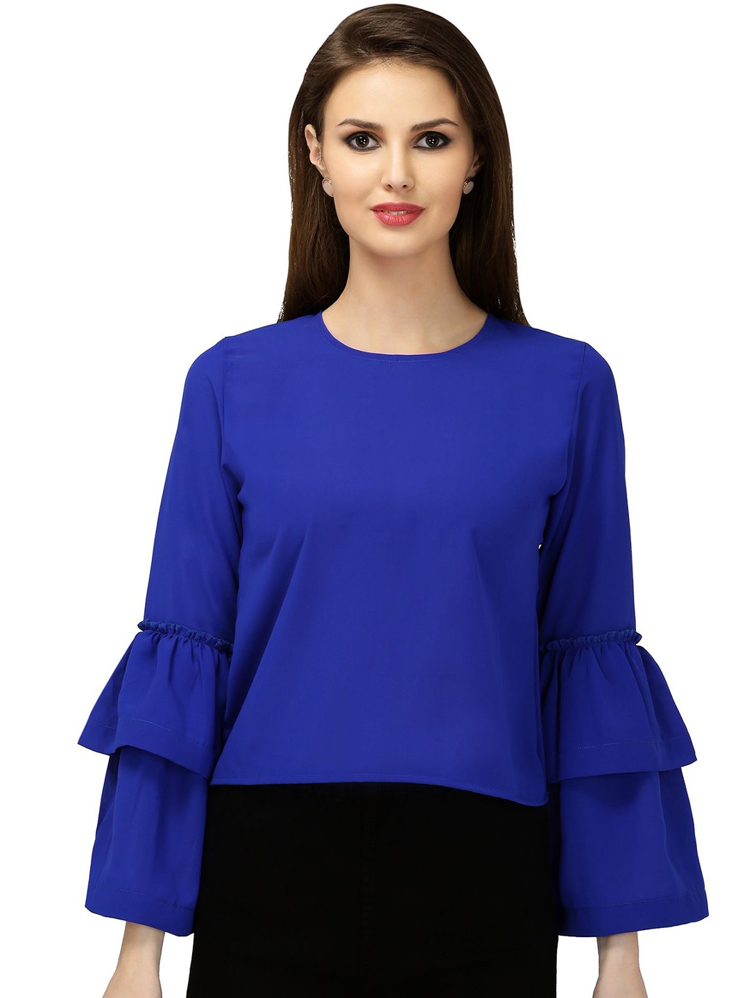 

Ashtag Women Bell Sleeve Round Neck Crepe Top, Blue