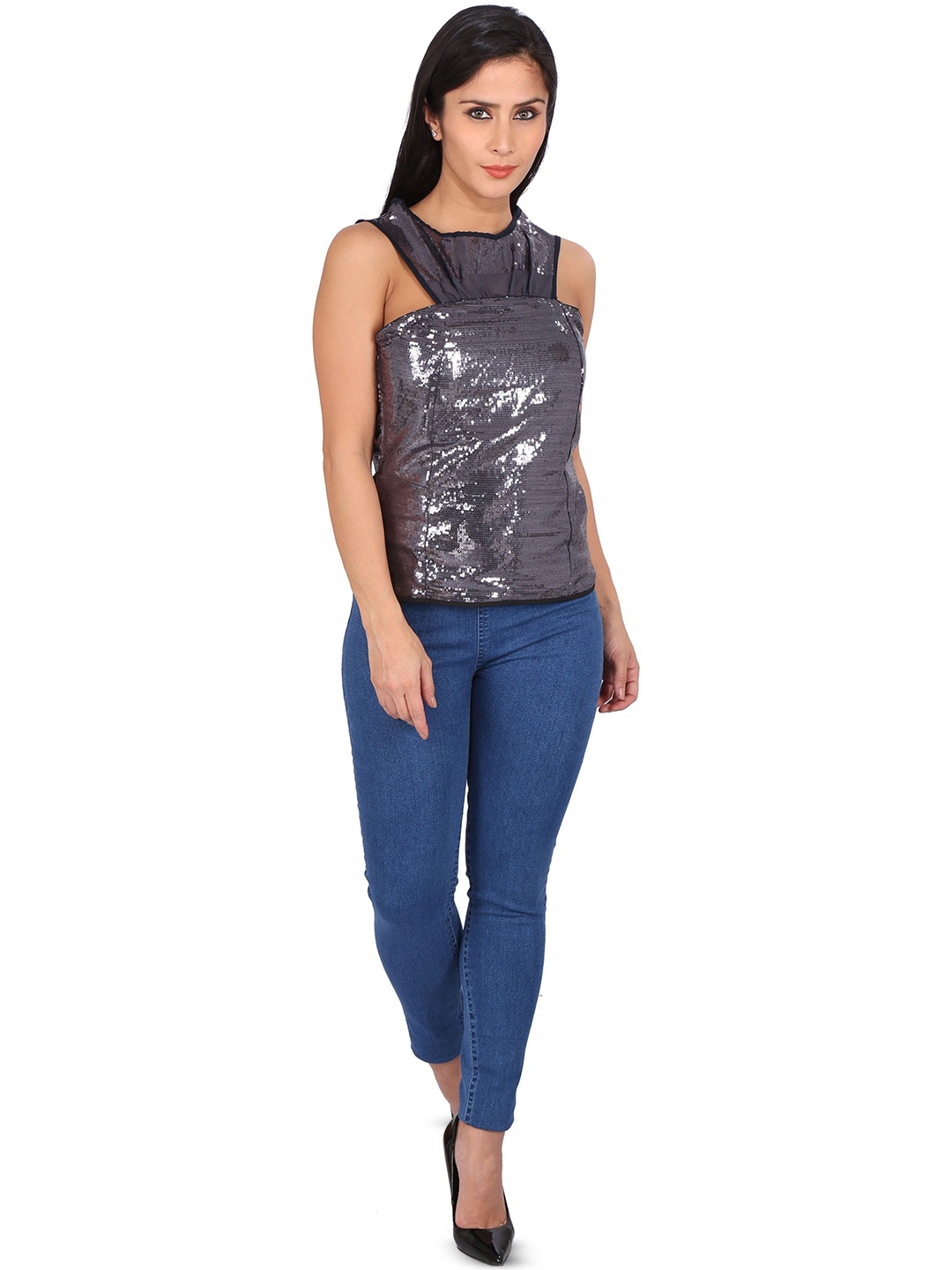 

Ashtag Print Georgette Tank Top, Grey