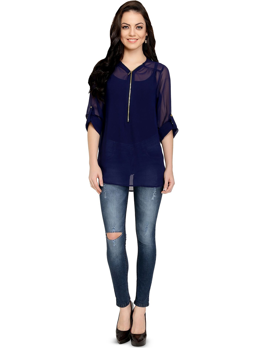 

Ashtag Women Roll-Up Sleeves Shirt Collar Top, Navy blue