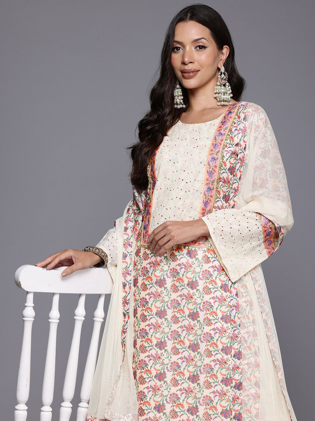 

Ahalyaa Floral Printed Sequinned Kurta With Palazzos & Dupatta, Off white