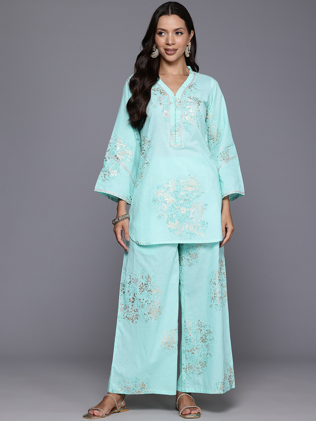

Ahalyaa Floral Printed Pure Cotton Tunic With Palazzos, Blue