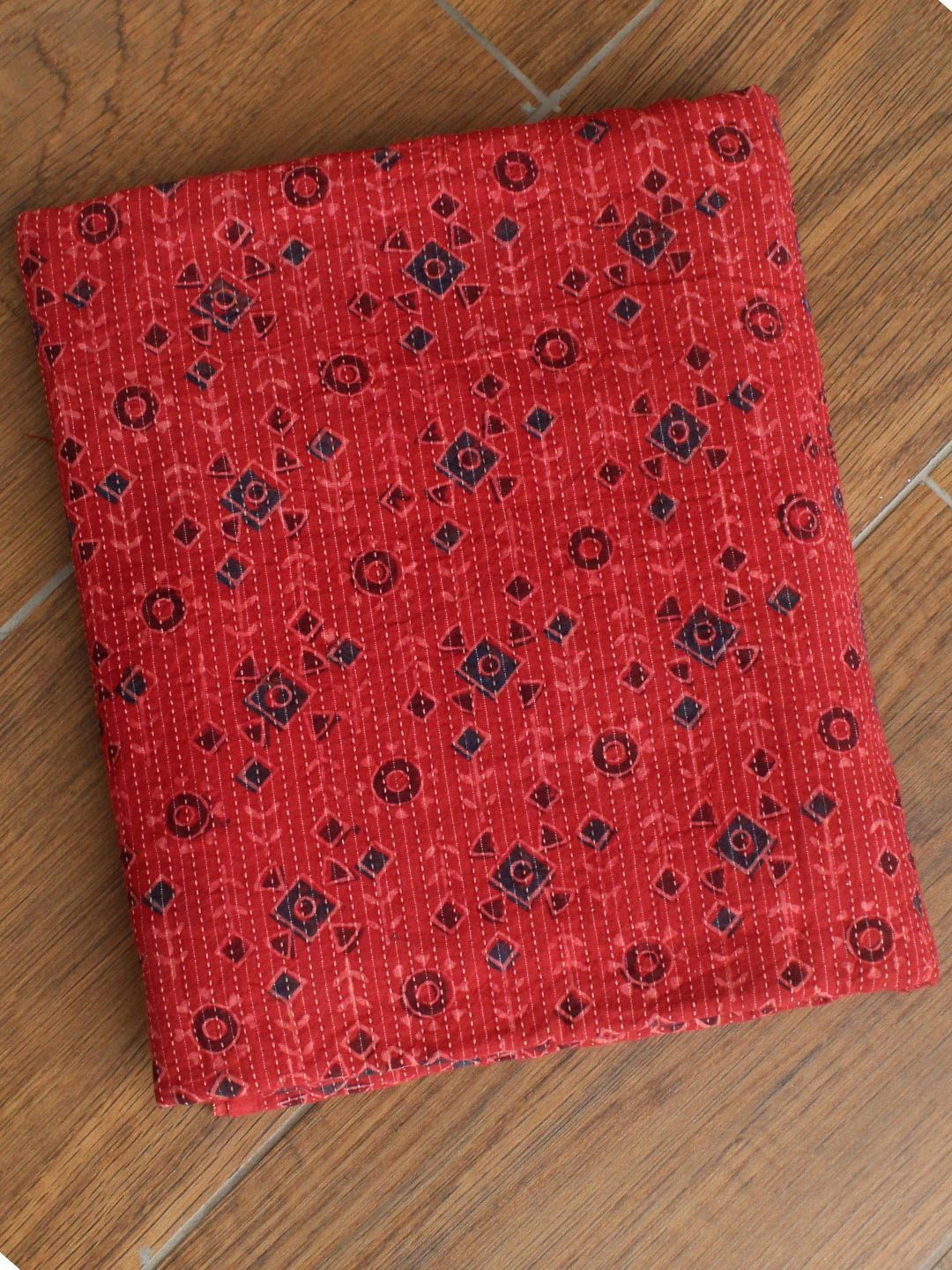 

Weaves of Tradition Ethnic Motifs Printed Kantha Pure Cotton Unstitched Dress Material, Red