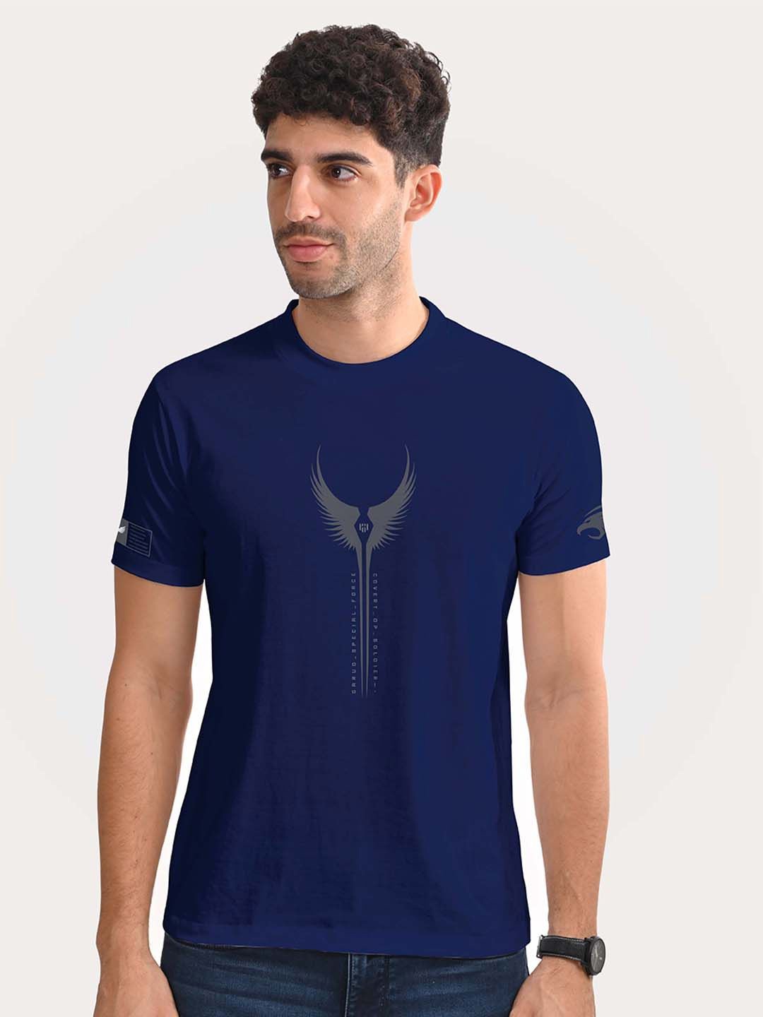 

Aero Armour Unisex Printed Round Neck Cotton Tshirt, Navy blue