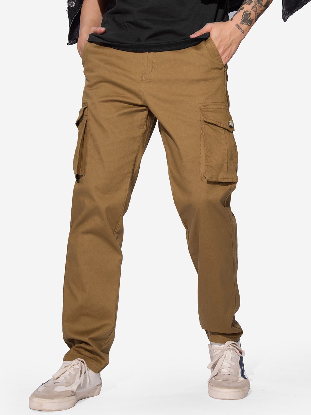 

The Souled Store Men Mid-Rise Straight Fit Cotton Cargos Trousers, Rust