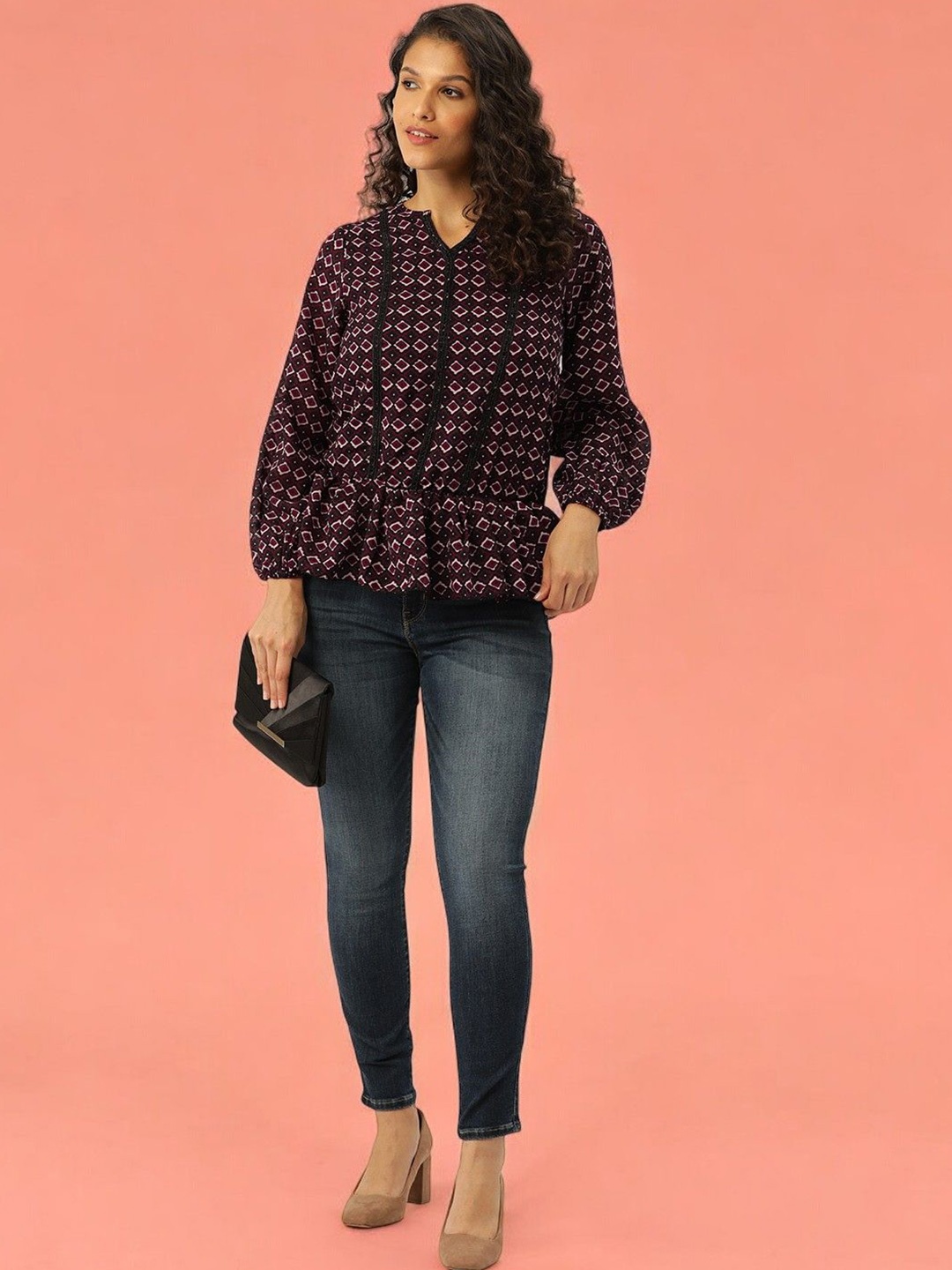 

BAESD Women Floral Printed Mandarin Collar Shirt Style Top, Maroon