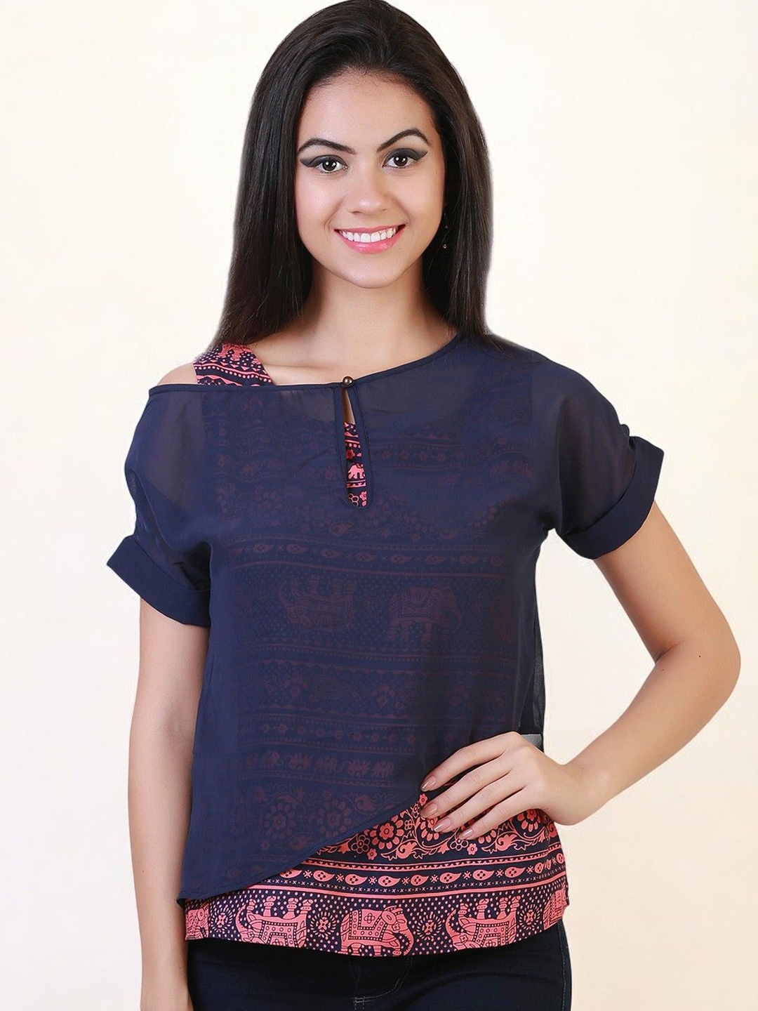 

BAESD Women Printed Short Sleeve Woven Top, Navy blue