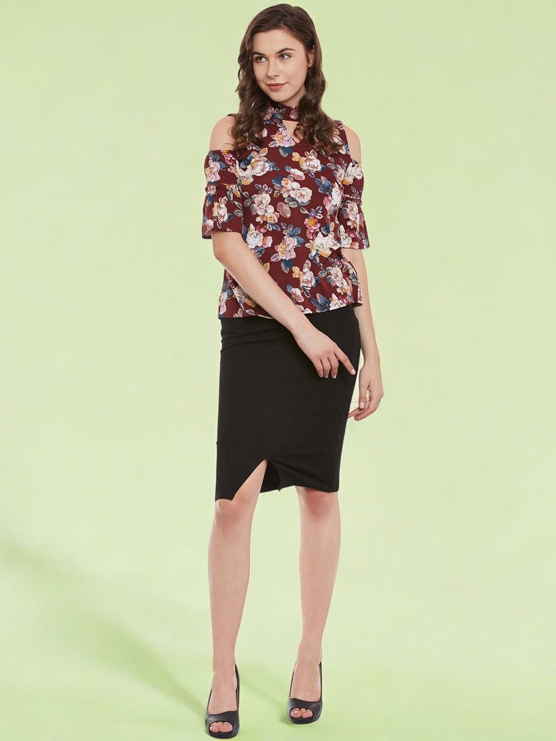 

BAESD Floral Print Crepe Shirt Style Top, Maroon