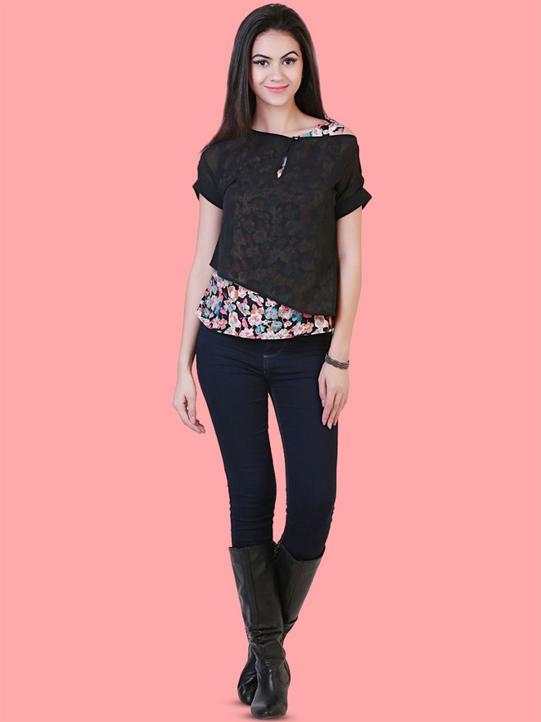 

BAESD Women Floral Printed Short Sleeves Top, Black