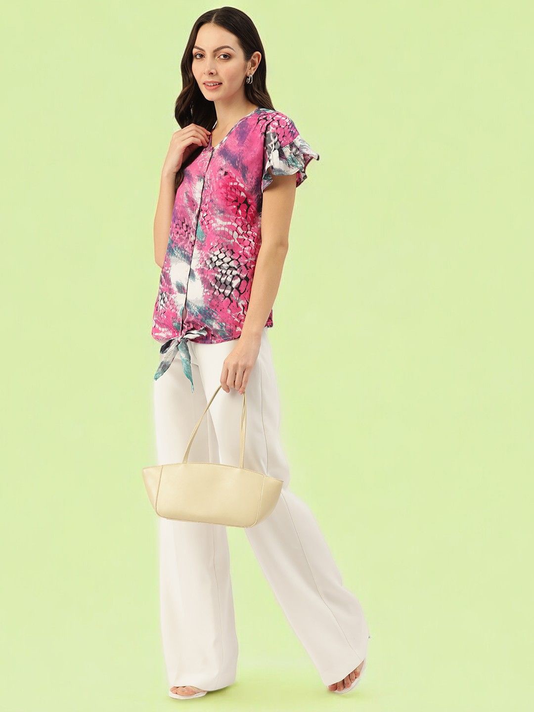 

BAESD Women Floral Printed Flutter Sleeve Crepe Top, Pink