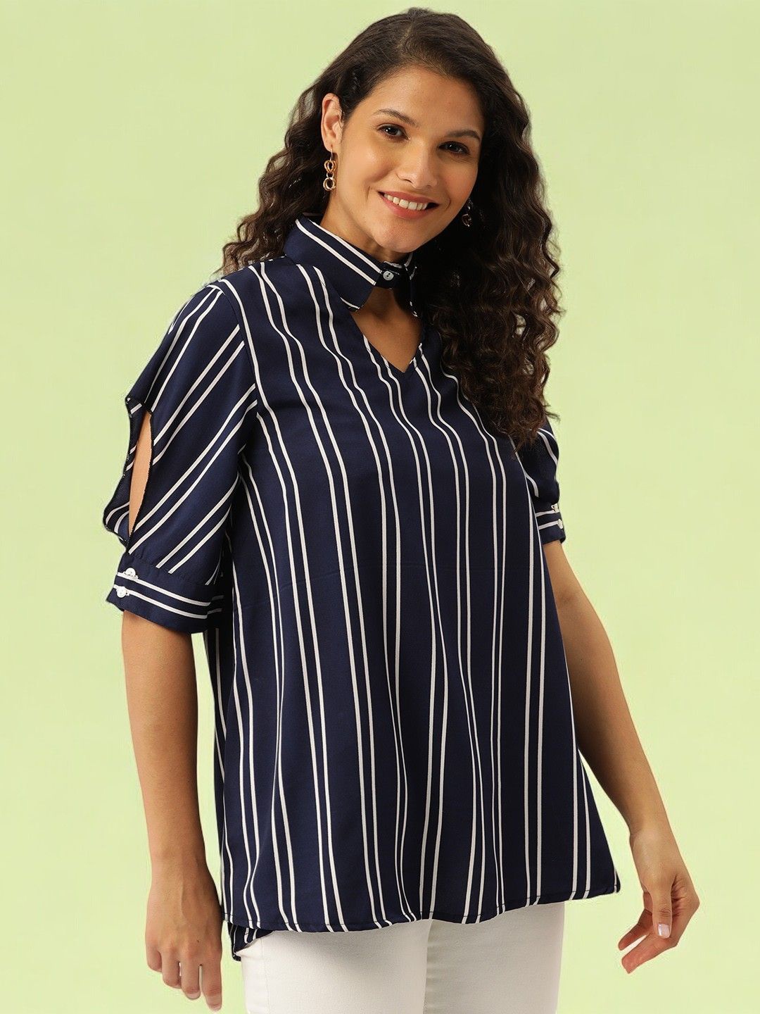 

BAESD Striped Mandarin Collar Crepe Top, Blue