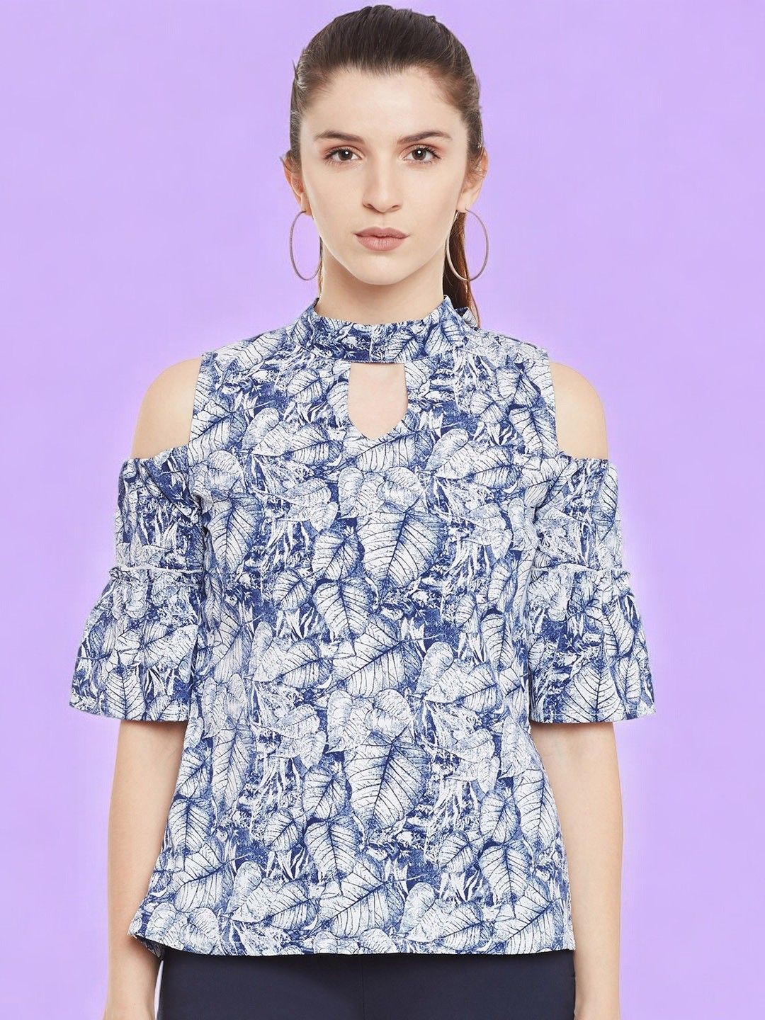 

BAESD Floral Print Keyhole Neck Cold-Shoulder Crepe Top, Blue
