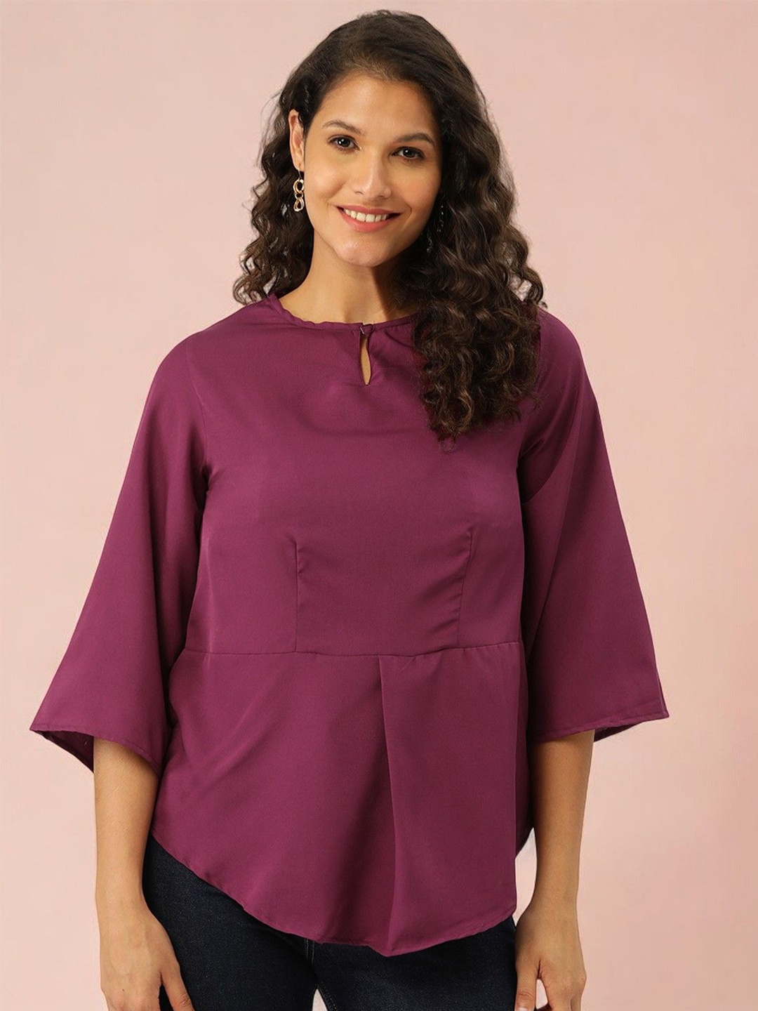 

BAESD Women Keyhole Neck Flared Sleeve Crepe Top, Purple