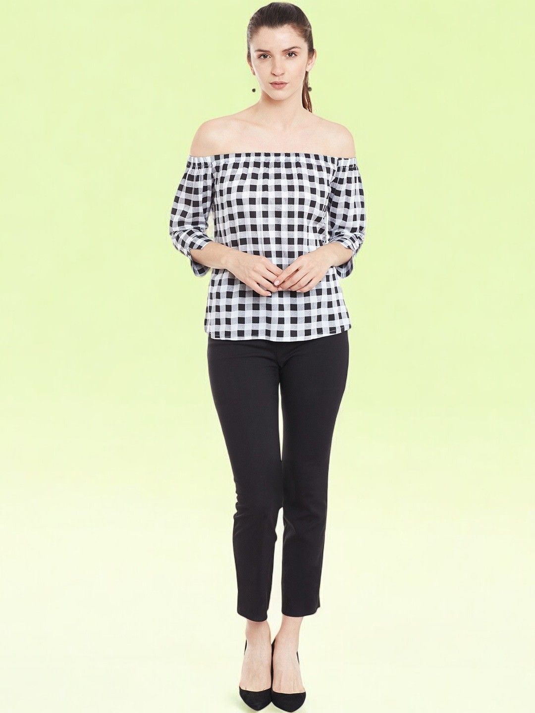 

BAESD Women Checked Off-Shoulder Puff Sleeve Cotton Bardot Top, Black