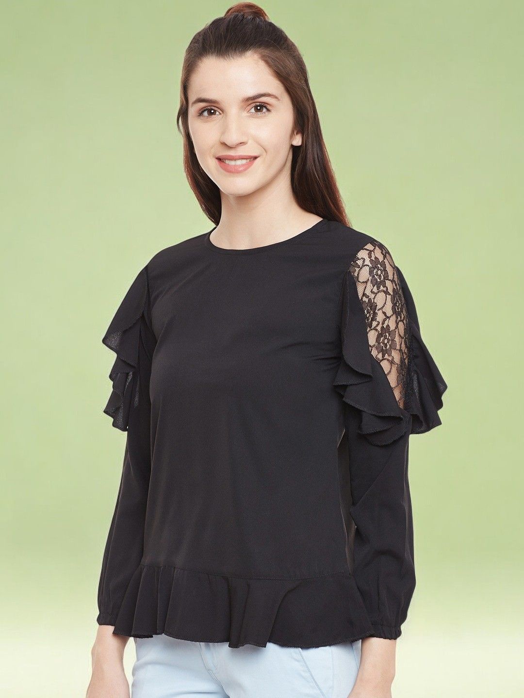 

BAESD Women Crepe Long Sleeves Round Neck Top, Black