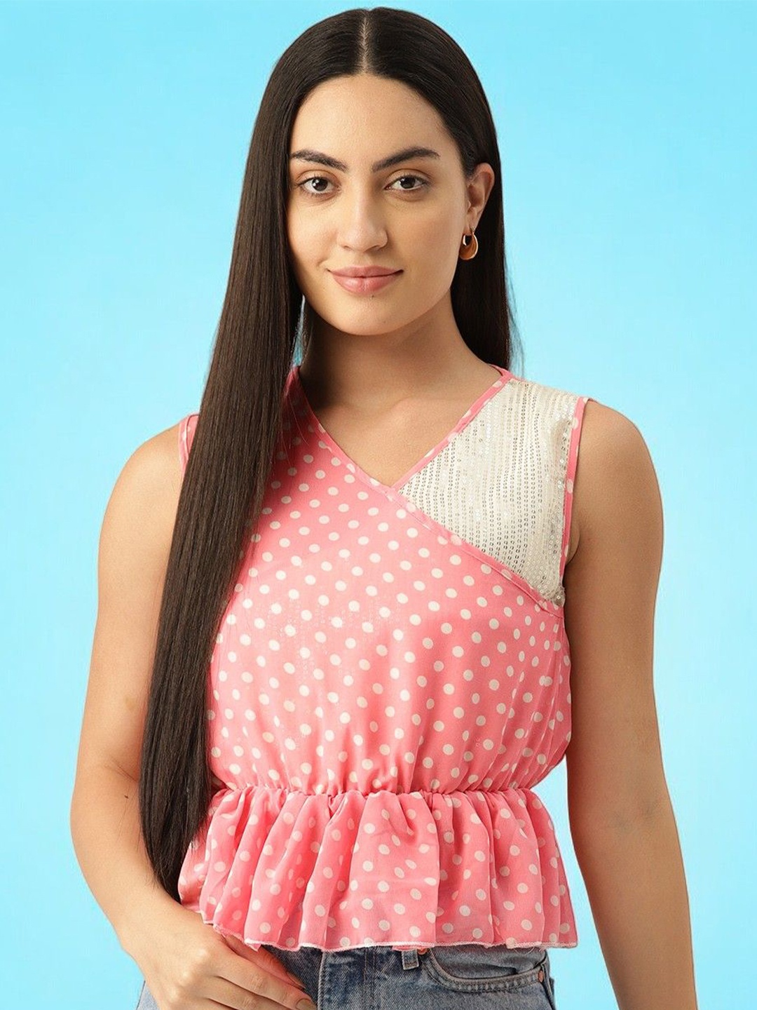 

BAESD Floral Print Georgette Cinched Waist Top, Pink