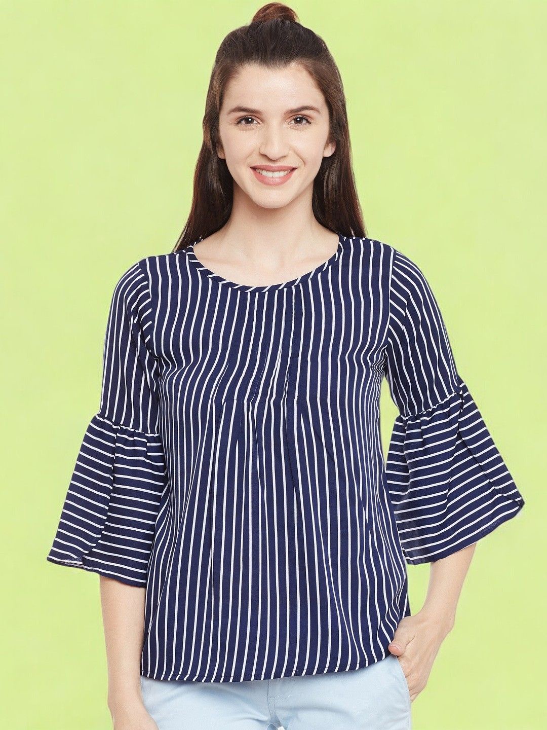 

BAESD Women Striped Bell Sleeve Crepe Top, Navy blue