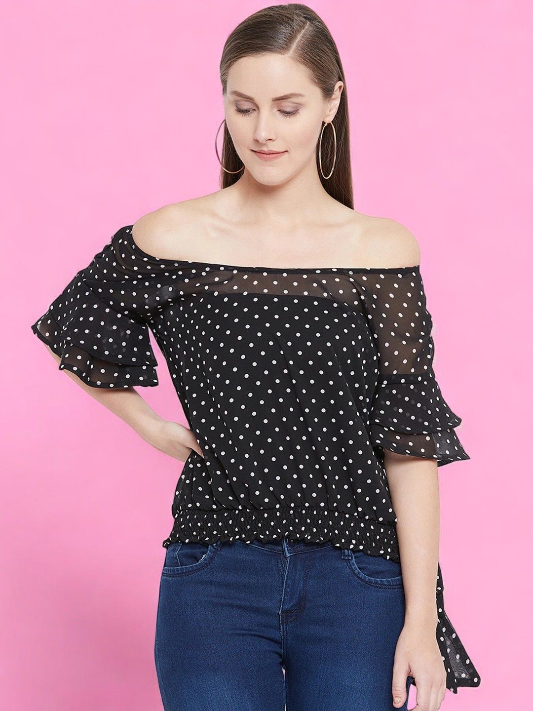 

BAESD Polka Dot Print Off-Shoulder Georgette Bardot Top, Black