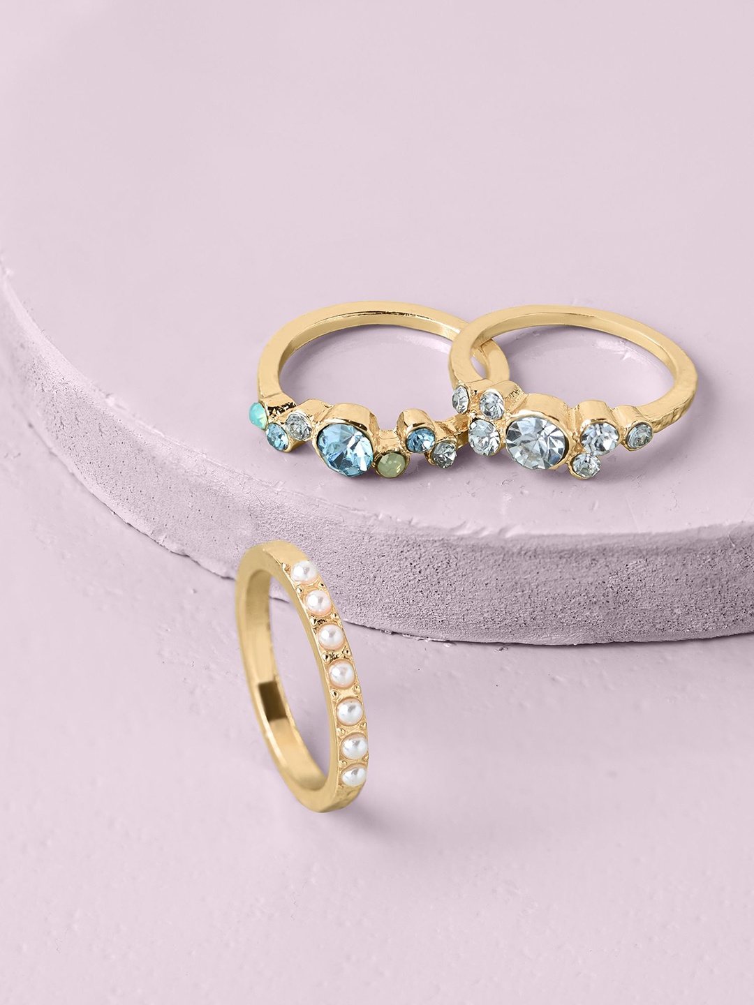 

Accessorize Set Of 3 Stone-Studded & Beaded Finger Rings, Gold