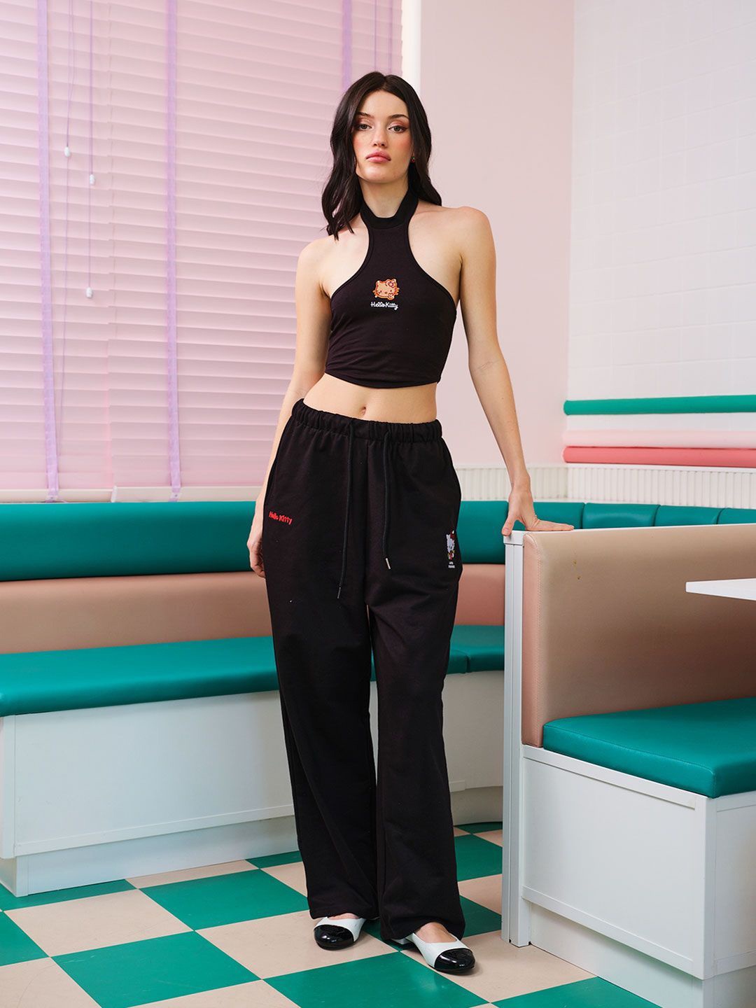 

Bonkers Corner Graphic Printed Cotton Crop Halter Neck Top, Black