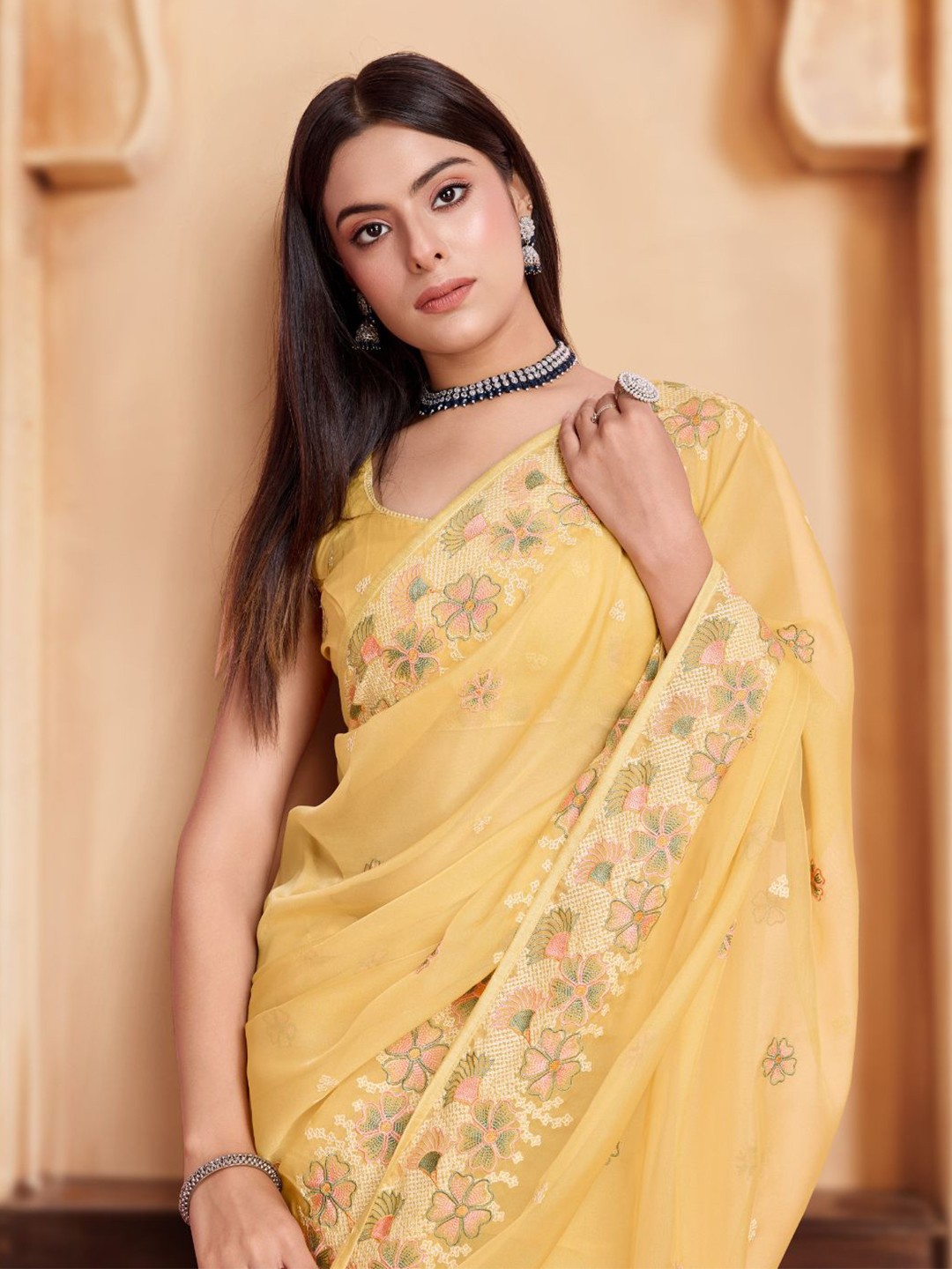 

House of Pataudi Embroidered Organza Sarees, Yellow