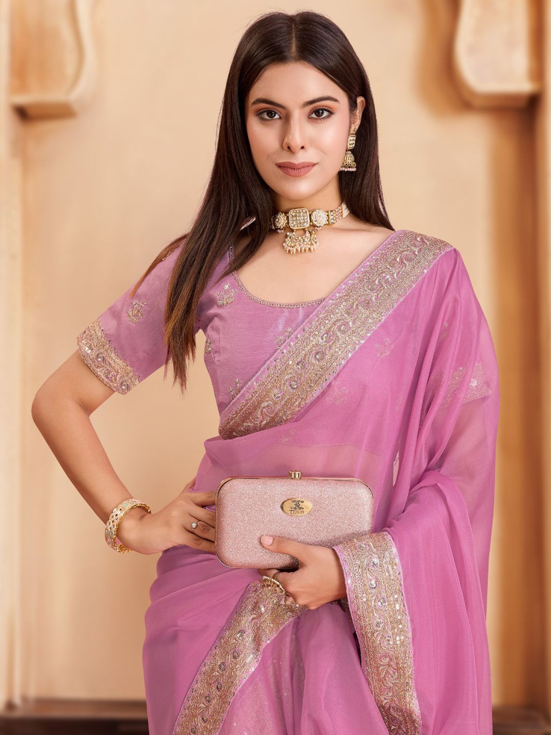 

House of Pataudi Embroidered Sequinned Sarees, Pink