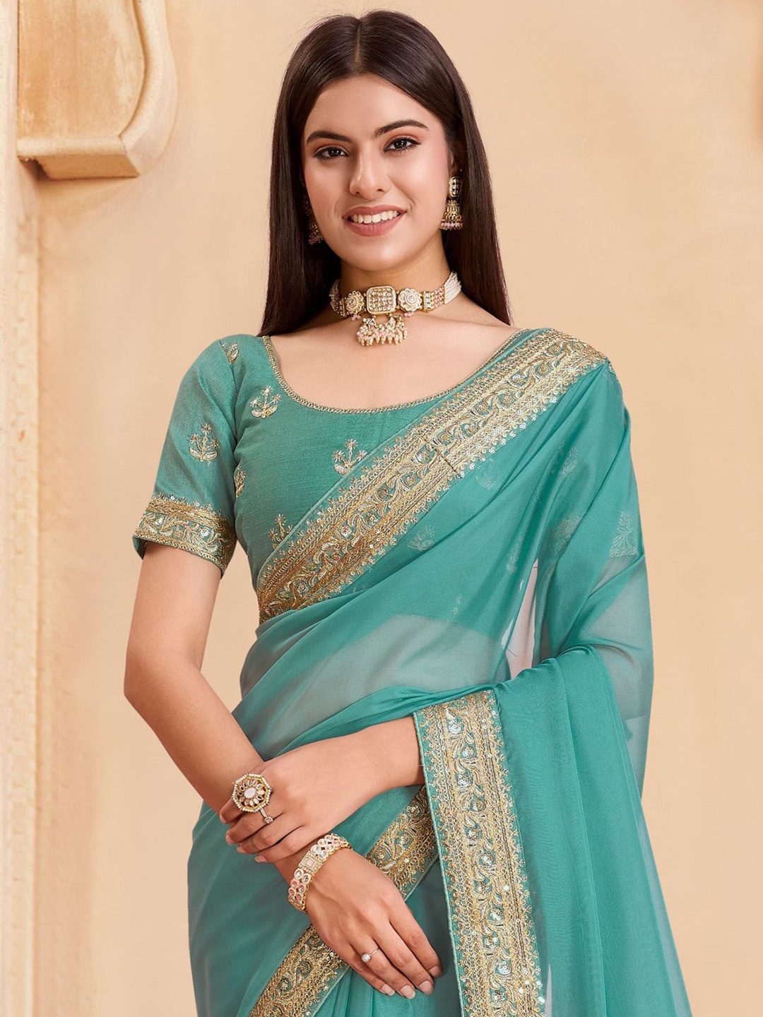 

House of Pataudi Embroidered Organza Sarees, Turquoise blue