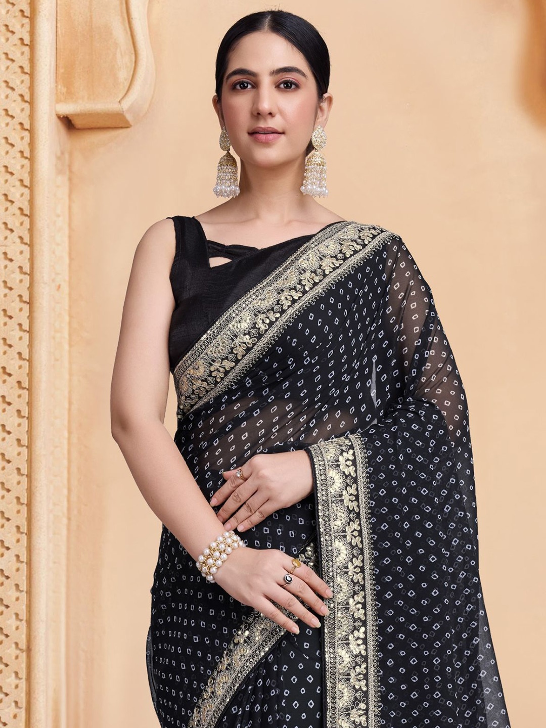 

House of Pataudi Bandhani Embroidered Sarees, Black