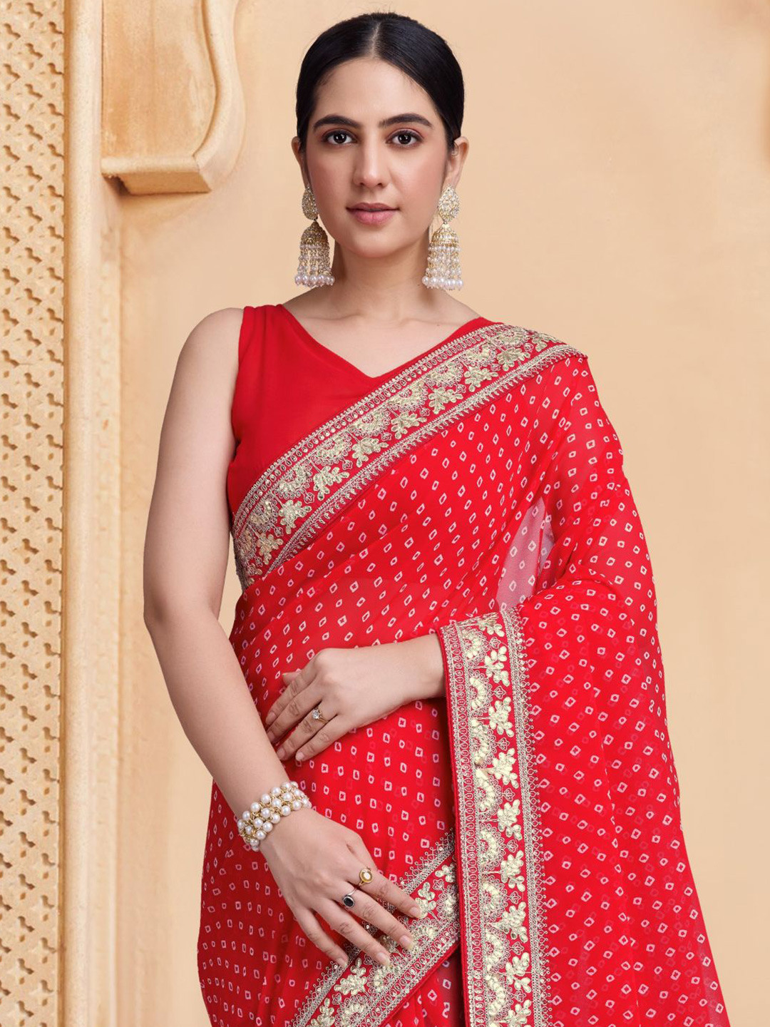 

House of Pataudi Embroidered Georgette Sarees, Red
