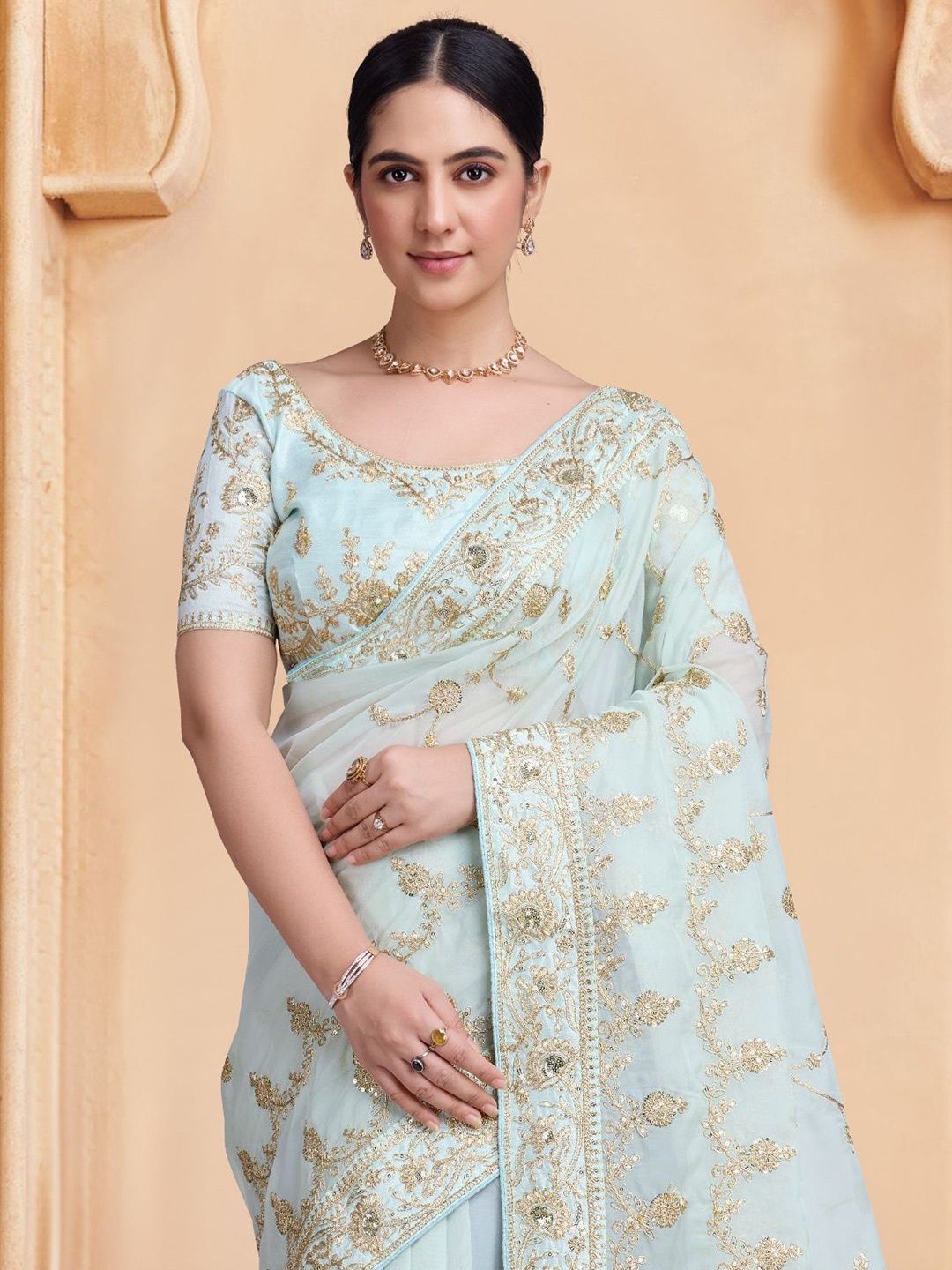

House of Pataudi Embroidered Organza Sarees, Turquoise blue