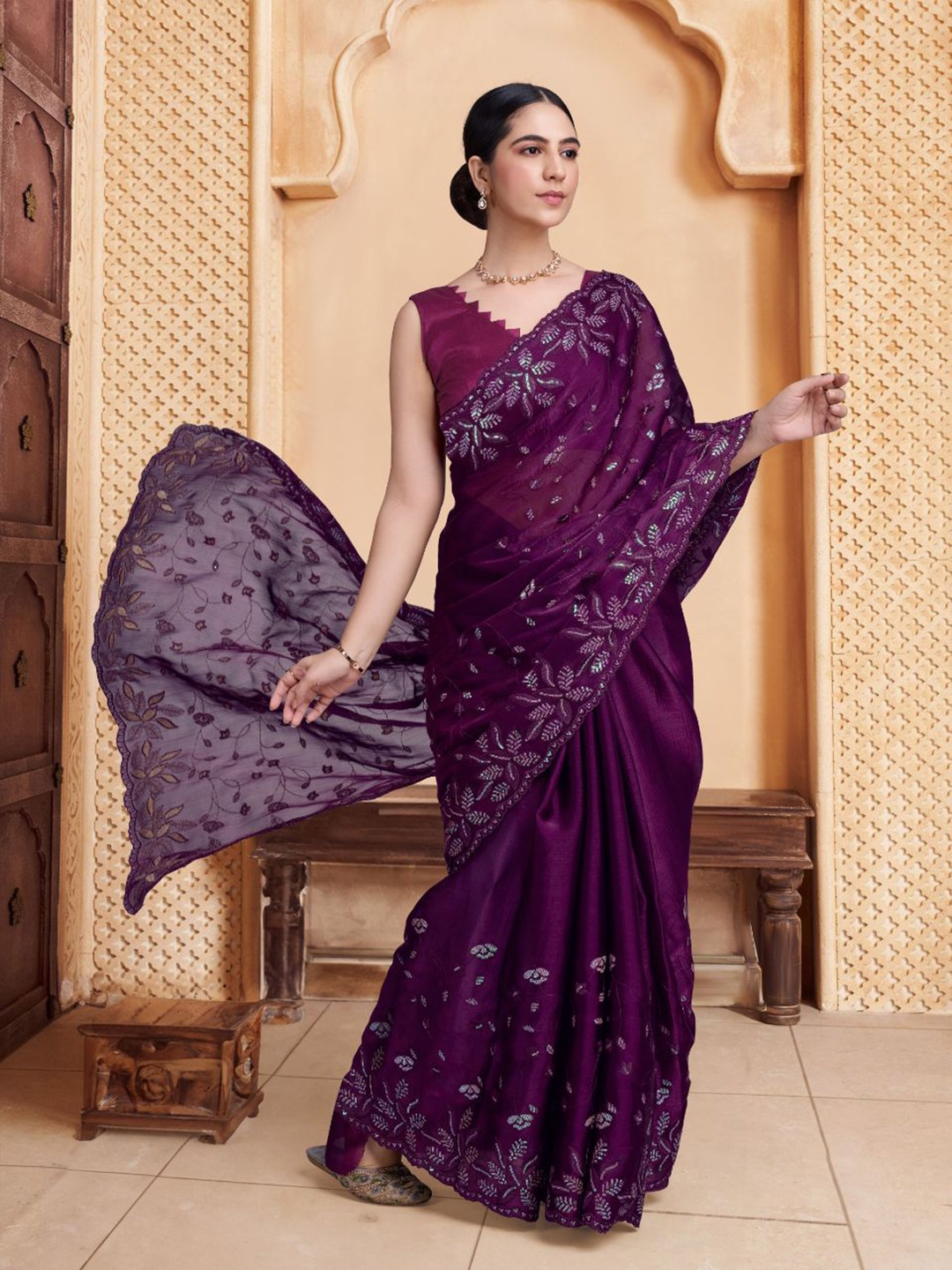 

House of Pataudi Embroidered Sequinned Sarees, Purple